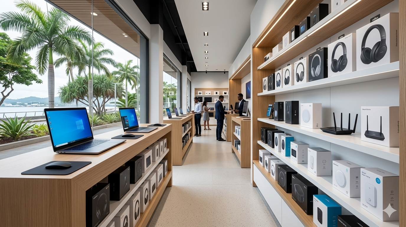 Boutique de matériel informatique et accessoires avec environnement tropical