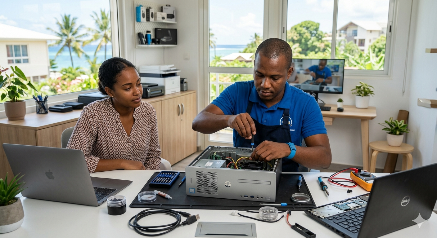 Technicien FAST effectuant un dépannage informatique devant une cliente