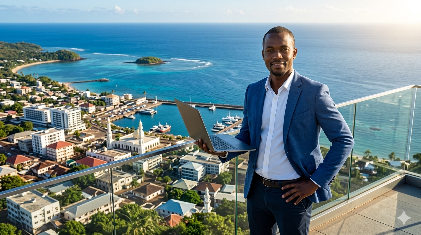 Professionnel FAST avec ordinateur portable face au littoral de Mayotte