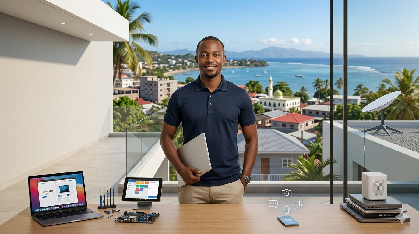 Bannière FAST avec vue sur Mayotte, matériel informatique et présence professionnelle
