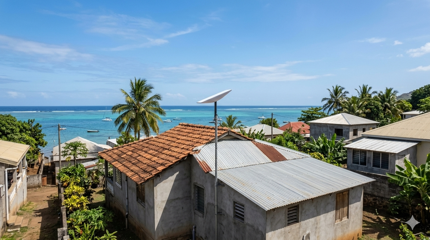 Vue sur le littoral de Mayotte avec une installation de connectivité sur toiture