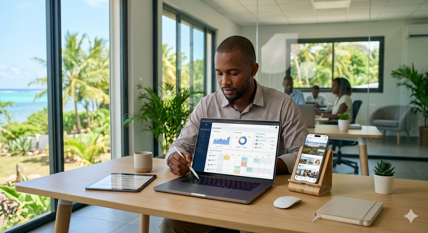 Tableau de bord social media et contenu de publication sur ordinateur et mobile