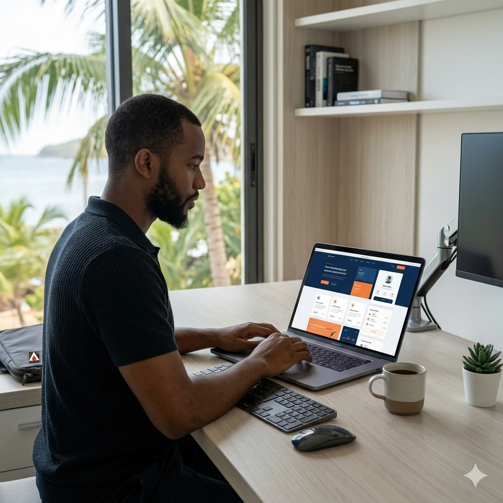 Professionnel travaillant sur un tableau de bord web moderne dans un bureau lumineux